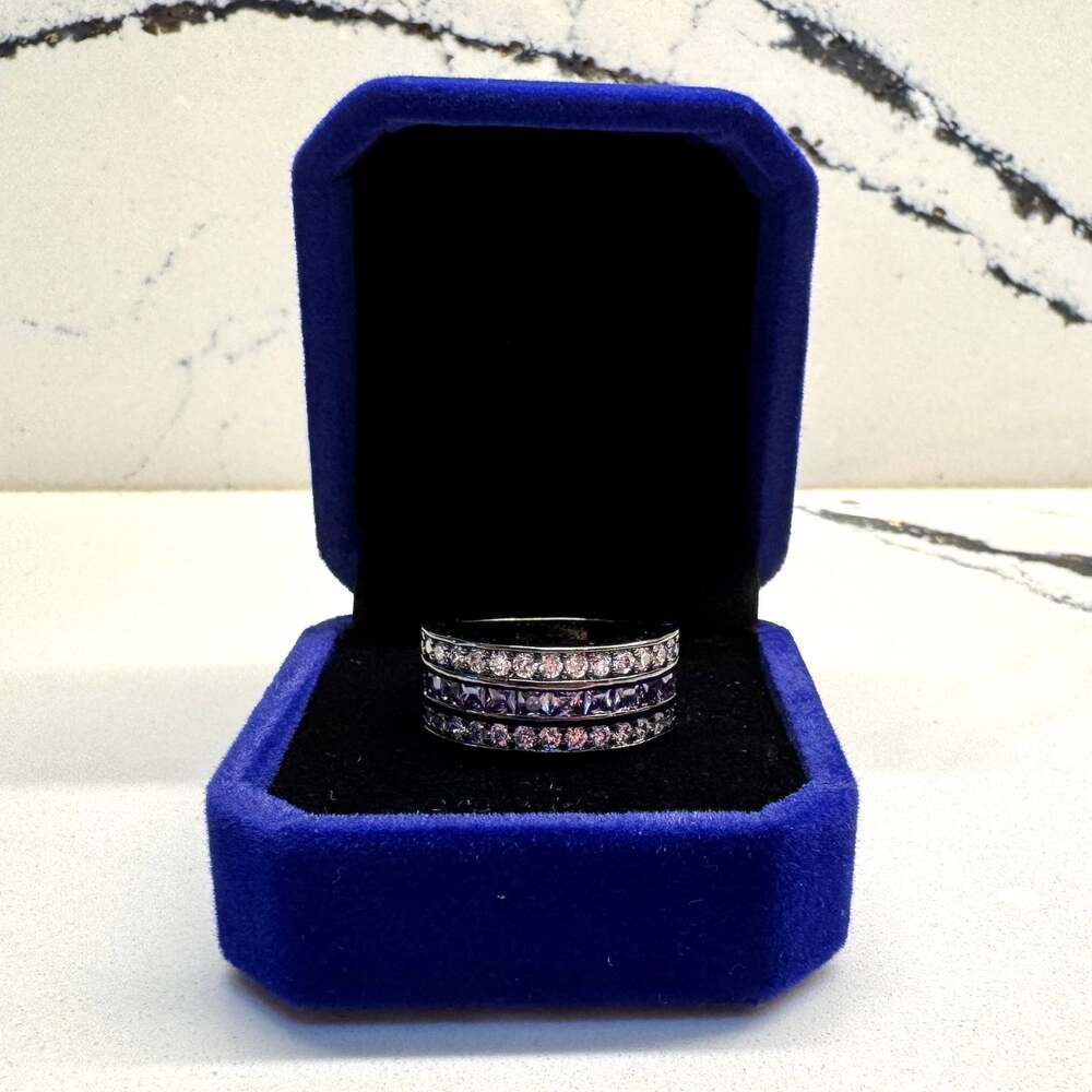 S925 Purple Crystal Triple Row Wide Band Statement Ring Size 9.5